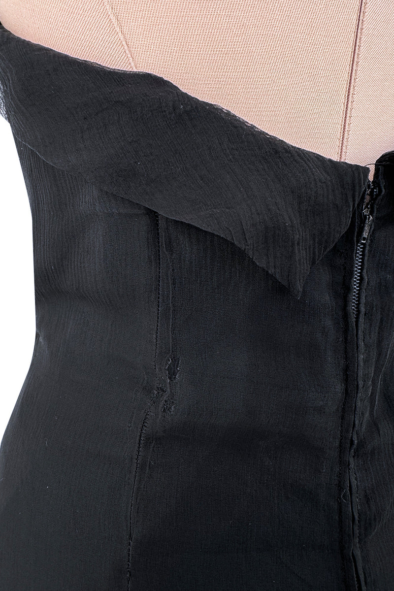 1940s Jean Patou Haute Couture Strapless Black Silk Chiffon Dress w Tiered Full Skirt