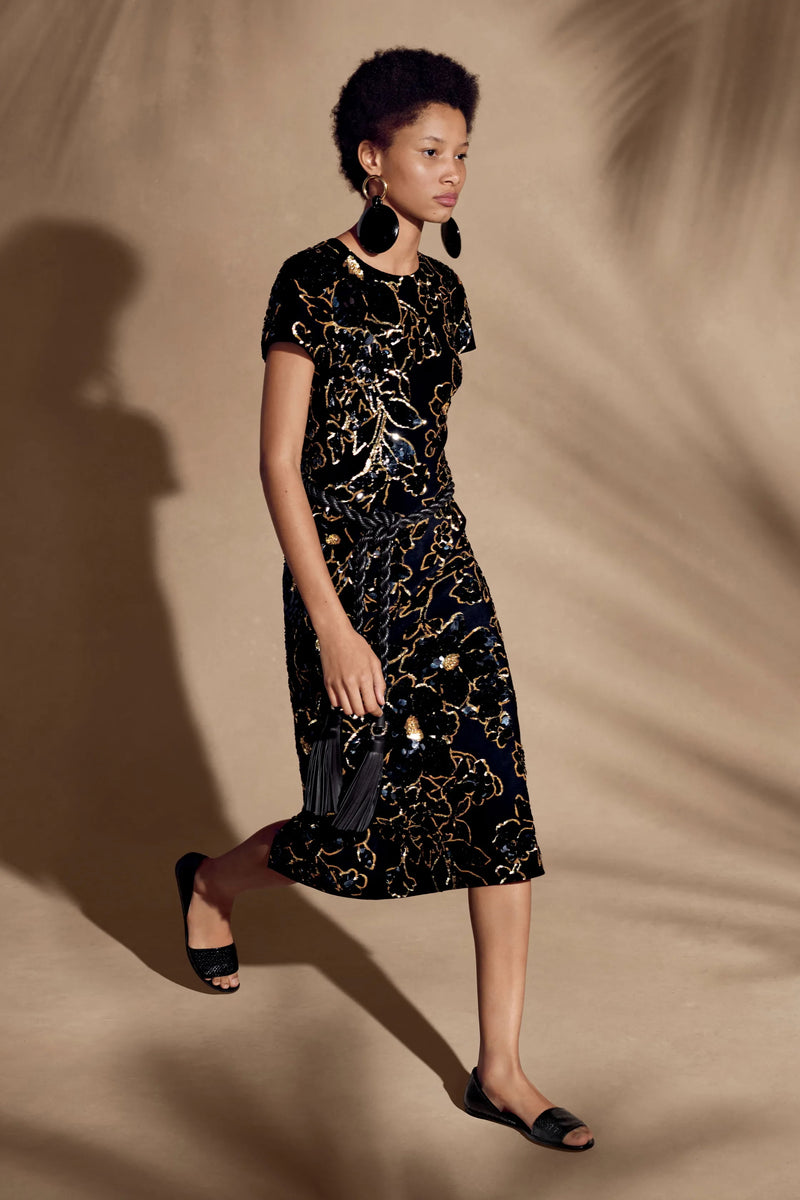 Chic Resort 2018 Michael Kors Runway Look 44 Black Dress w Elaborate Gold & Black Sequin Detailing
