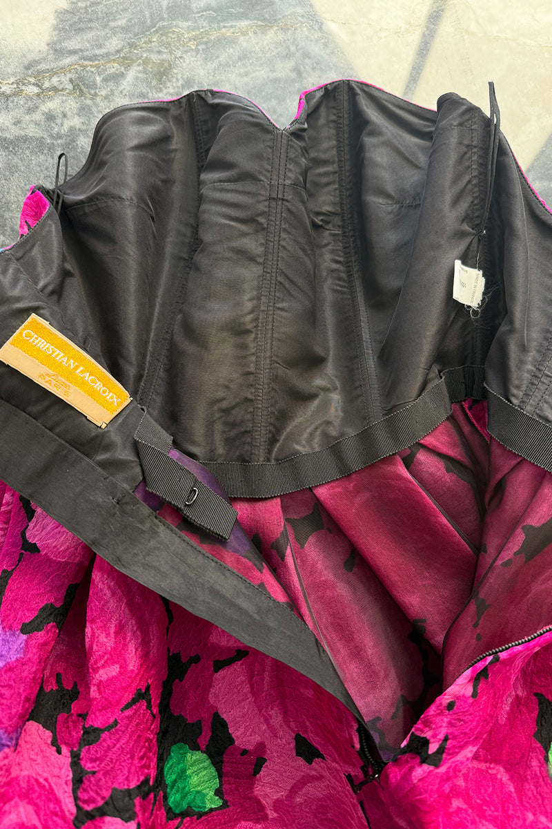 Exuberant Spring 1988 Christian Lacroix Luxe Demi-Couture Runway & Documented Strapless Floral Mini Dress