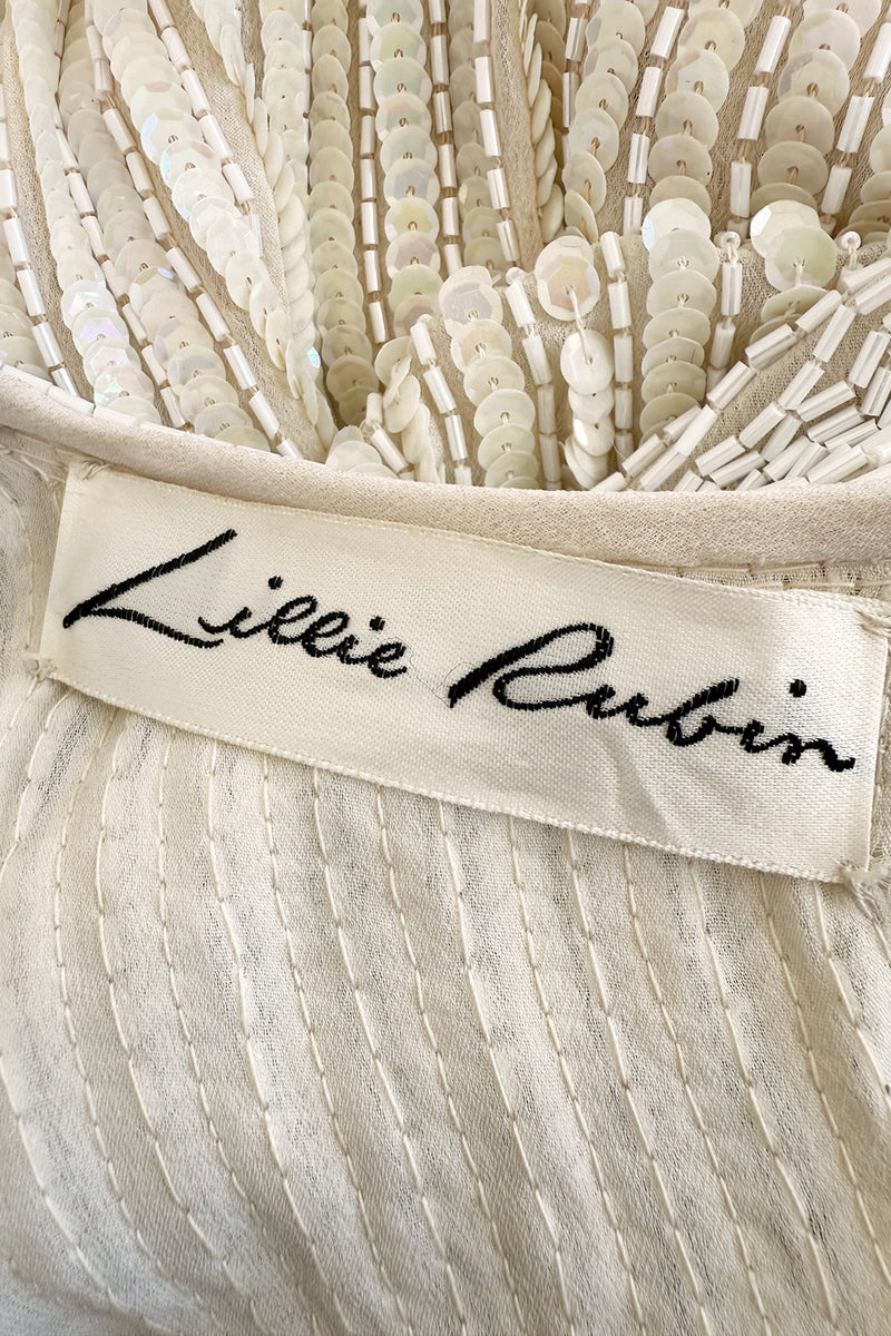 Prettiest 1970s Lillie Rubin Ivory Fully Sequinned & Applied Tube Beads on Silk Chiffon Dress