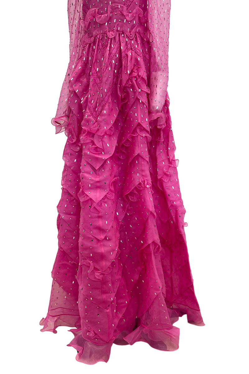 Spring 2018 Valentino by Pierpaolo Piccioli Pink Silk Organza Dress w Rhinestones & Metallic Silver Appliques