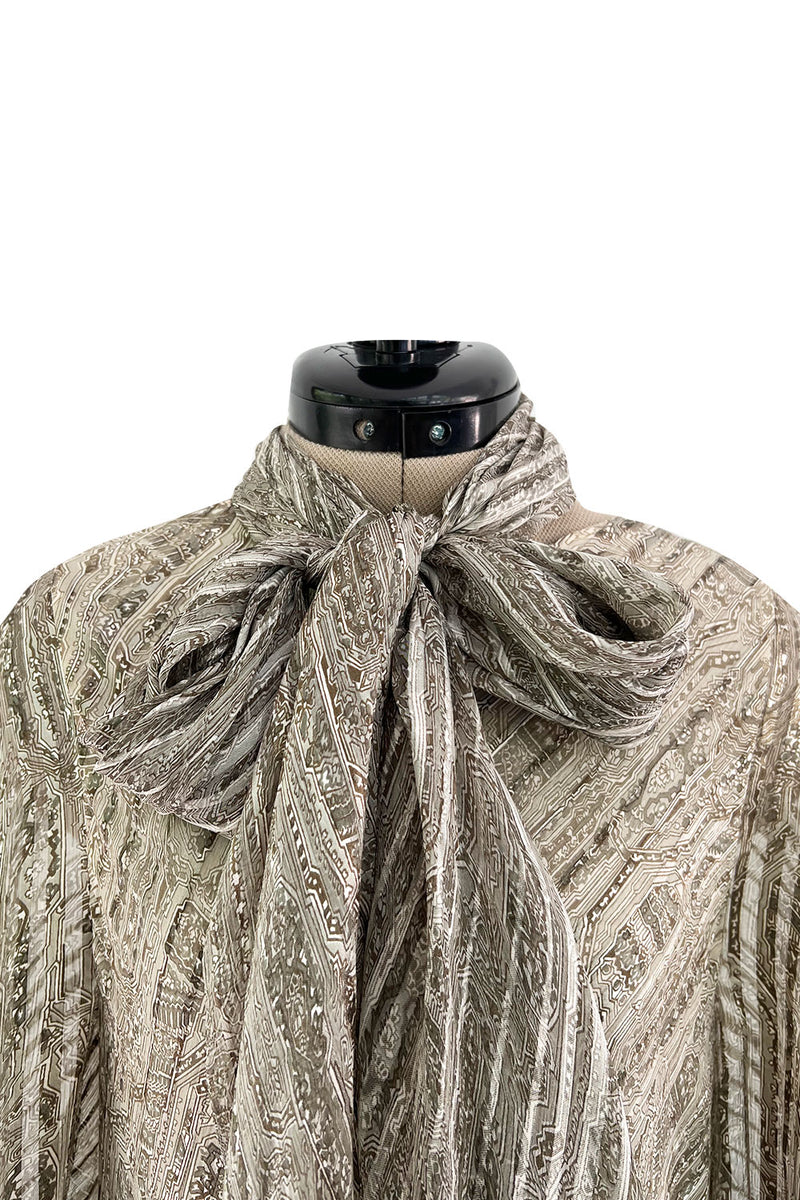 Exceptional 1970s George Stavropoulos Couture Bias Cut Grey Ribbon Silk Chiffon Dress w Sash