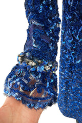 Documented 1970 Oscar de la Renta Brilliant Blue Sequin & Rhinestone Plunge Dress