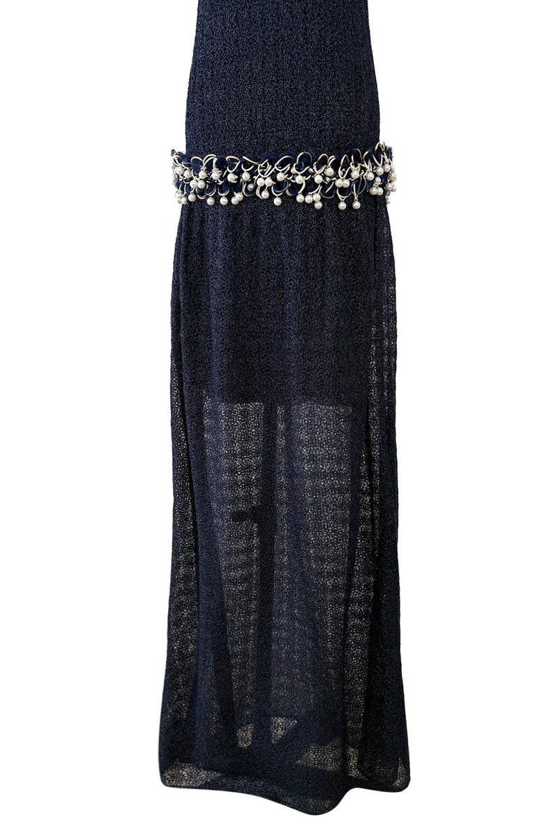 Phenomenal Fall 2010 Chanel by Karl Lagerfeld Deep Blue & Silver Metallic Knit Dress w Glass Pearl Detailing