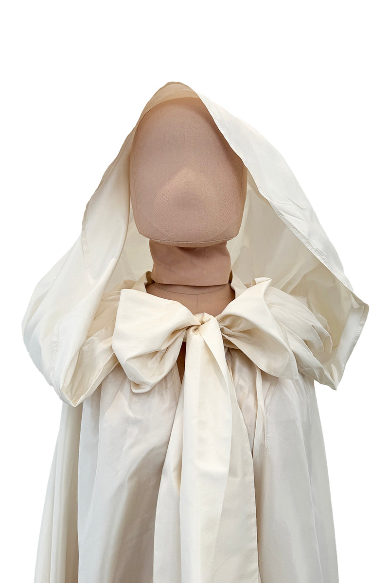 Incredible 1970s Loris Azzaro Ivory Silk Fantasty Voluminous Full Trained Cape w Oversized Hood