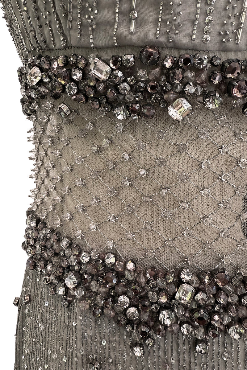 2010s Valentino by Pierpaolo Piccioli & Maria Grazia Chiuri Sequin & Rhinestone Embellished Deep Silver Silk Dress