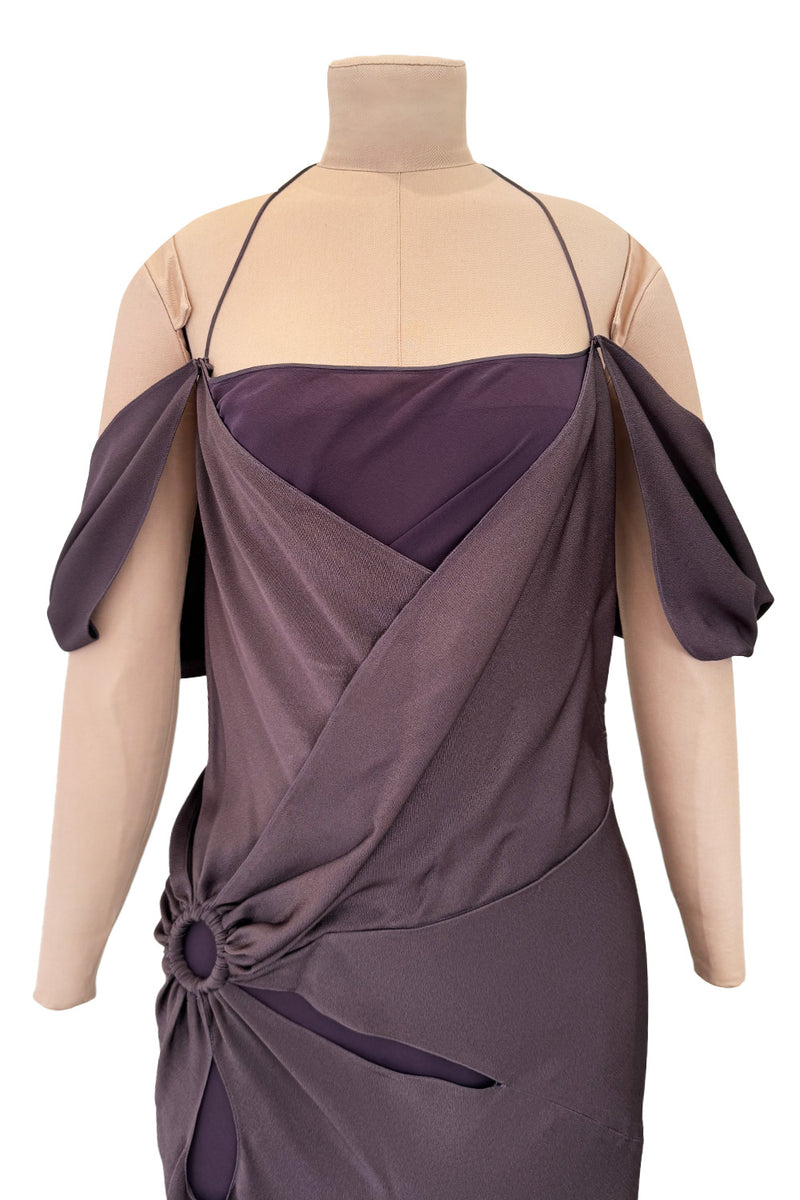 Gorgeous Fall 2003 John Galliano Bias Cut Deep Purple Silk Dress w Draped Arm Panels