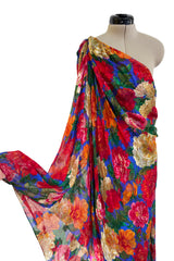 Exquisite Fall 1997 Yves Saint Laurent Brilliant Multi Floral Printed Silk Chiffon Bias Cut & Draped One Shoulder Dress