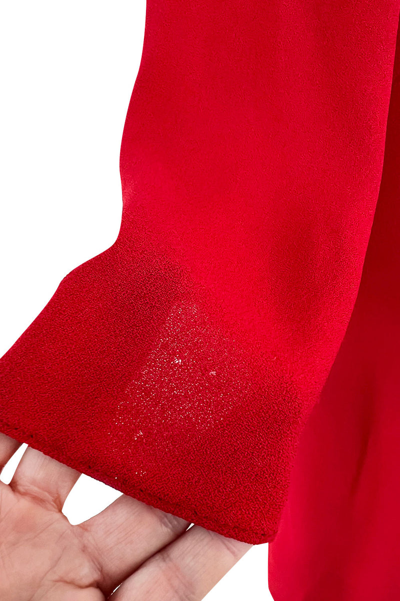 Amazing 1970 Ossie Clark 'Graduation' Deep Front Plunge Maxi Dress in a Red Moss Crepe