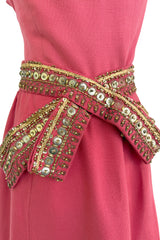 1950s Unlabeled Lanvin-Castillo Couture Elaborate Gold Beaded Pink Waffle Weave Top & Skirt