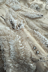 Amazing 1950s Mde. Etoile Ivory Silk Heavily Hand Beaded Demi Couture Dress w Scoop Back