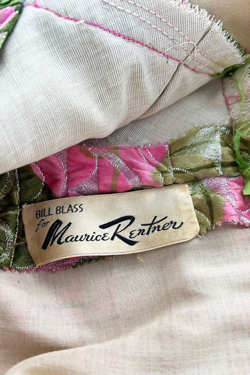 Stunning Fall 1970 Bill Blass Pink Quilted Silk Floral Pattern Metallic Dress w Banded Waist