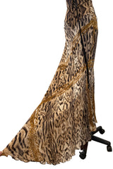 Sexiest 2003 Roberto Cavalli Laced Back Corset Leopard Print Silk Chiffon Dress w Stitched Panels