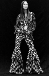 Ultra Rare Spring 1993 Versace by Gianni  Versace Silk Black & White Printed Off Shoulder Bell Bottom Jumpsuit