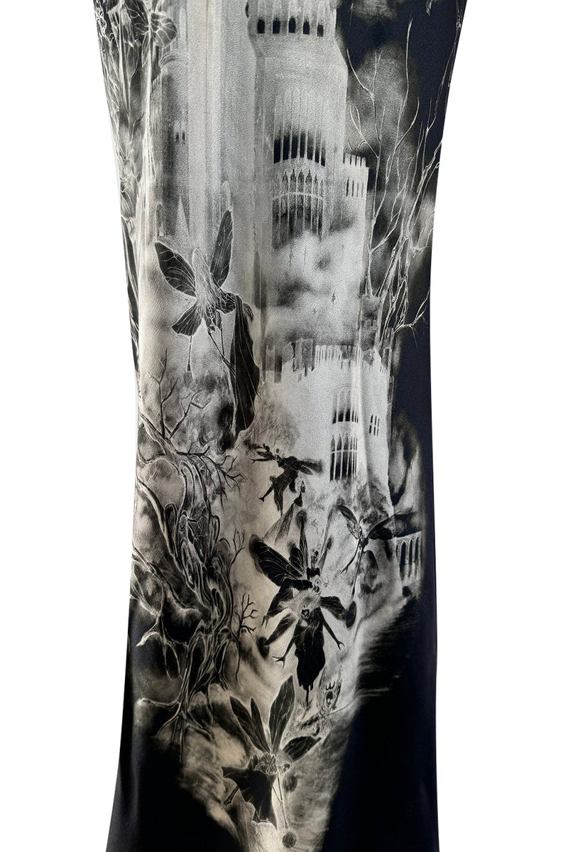 Iconic 2007 Alexander McQueen Fairy / Skeleton Castle Print Silk Bias Cut