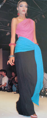 Iconic Spring 1985 Yves Saint Laurent Runway Pink & Black One Shoulder Dress w Blue Swag