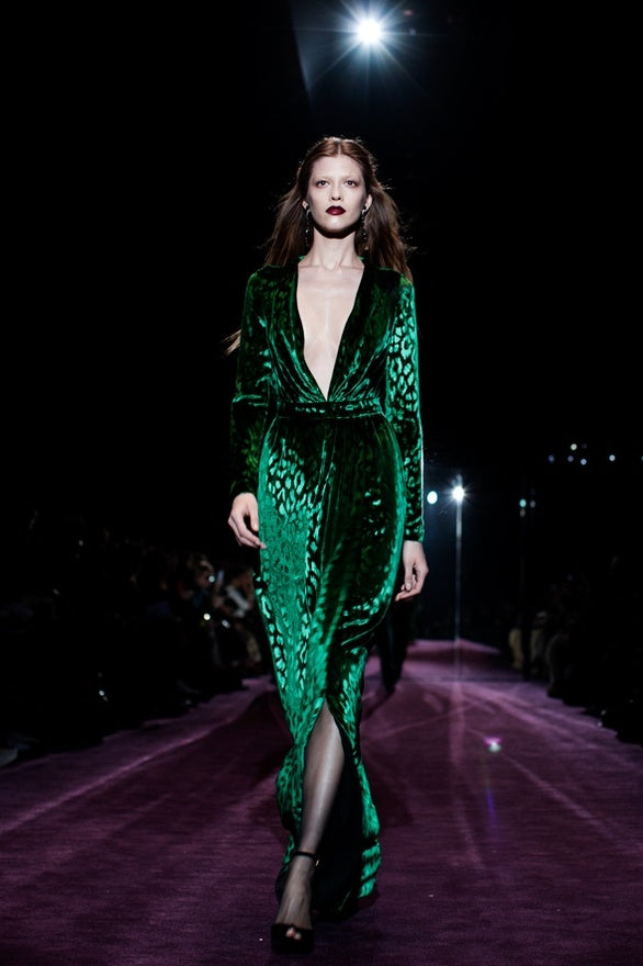Beautiful Fall 2012 Gucci by Frida Giannini Runway Look 35 Deep Green Velvet Dress w Leopard Pattern