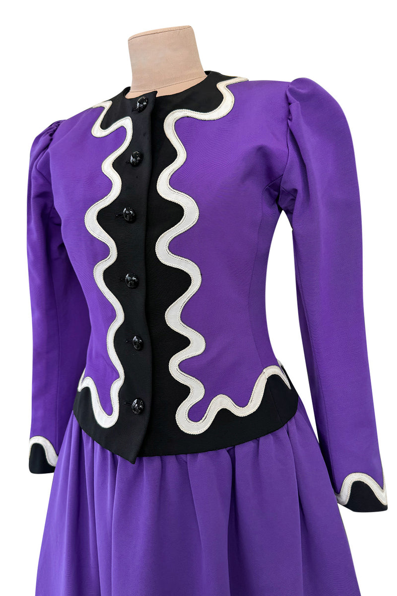 Spring 1980 Yves Saint Laurent  & Ad Campaign Runway Purple Dress & Jacket Set w B&W Detailing