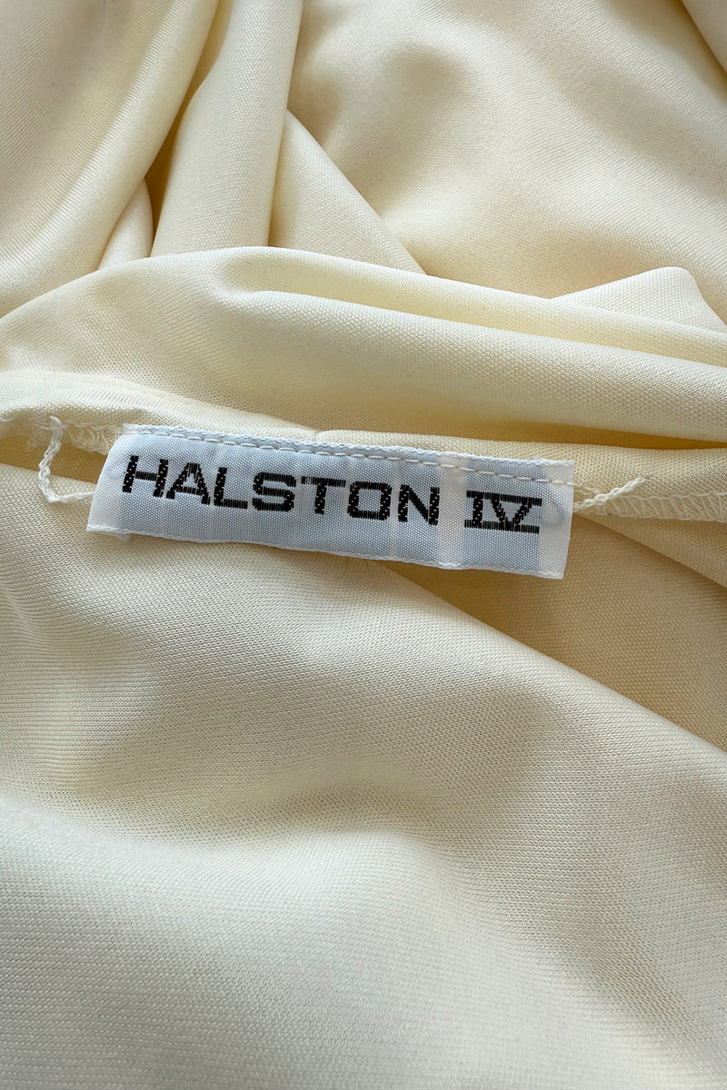 1970s Halston Draped Minimal Seamed Ivory Jersey Wrap Over Dress w Full Sleeves