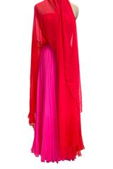 Beautiful Spring 1989 Bob Mackie Runway Red Silk Chiffon Dress & Cape w Inner Pink Layer