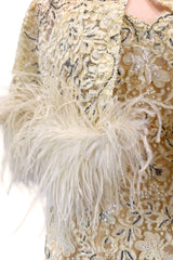 Fabulous 1950s Unlabeled Pearl, Bead & Feather Detailed Yellow Lace Dress w Matching Cape