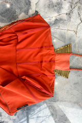 Iconic Spring 2011 Gucci by Frida Giannini Runway Look 41 Burnt Orange Silk Cord, Brass & Feather Dress