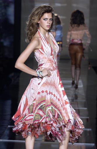 Rare Spring 2004 Roberto Cavalli Runway Look 23 Feather Light Silk Coral & Gold Print Dress