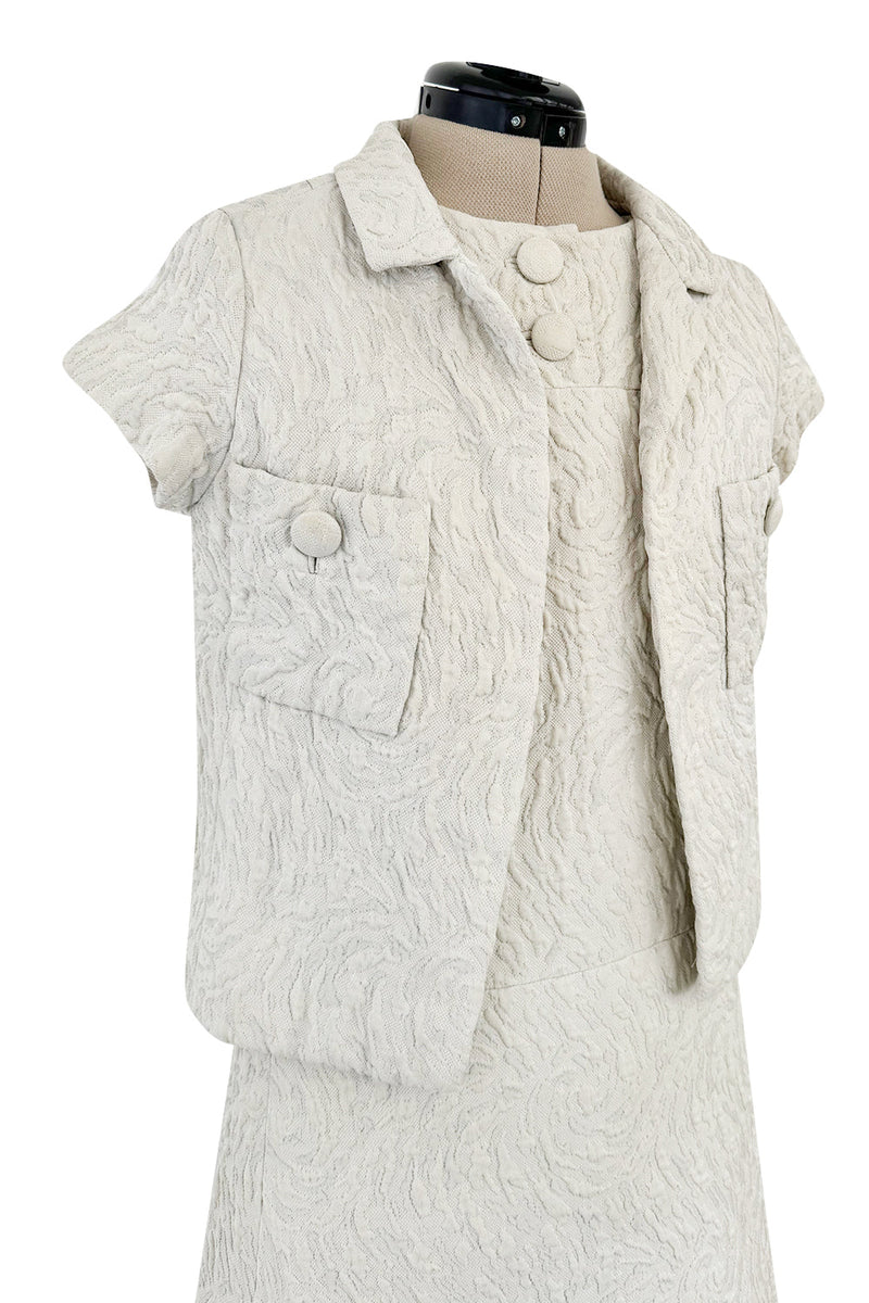 1960s Christian Dior Demi-Couture Textured Ivory Silk A-Line Dress & Matching Crop Jacket