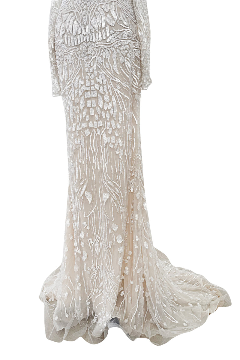 Beautiful Spring 2022 Naeem Khan Bridal Collection 'Salinas' Ivory Net Dress w Sequin Pattern & Trained Skirt