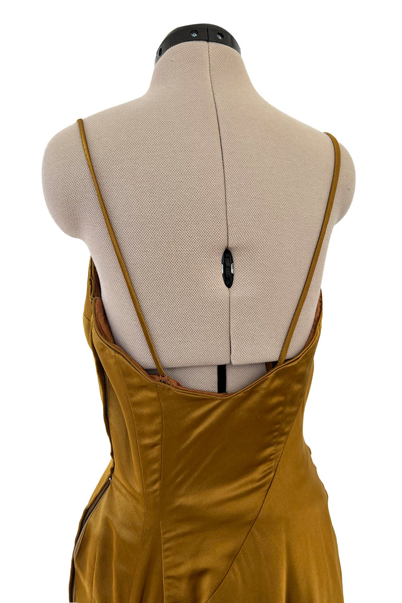 Stunning 1968 Mr Blackwell Custom Deep Copper Gold Silk Dress w Hip Swag & Flower Pin