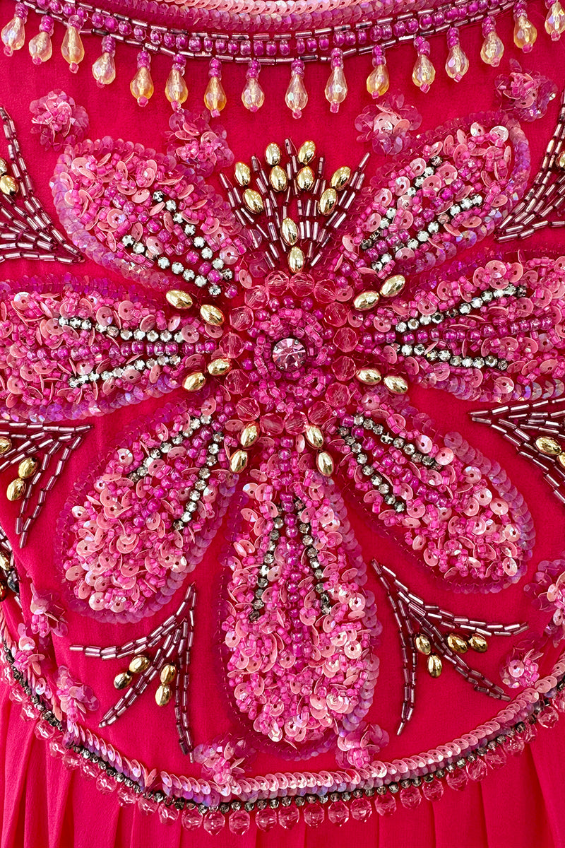 1960s Helen Rose Pink Silk Chiffon Dress w Elabroately Beaded & Sequins Bodice