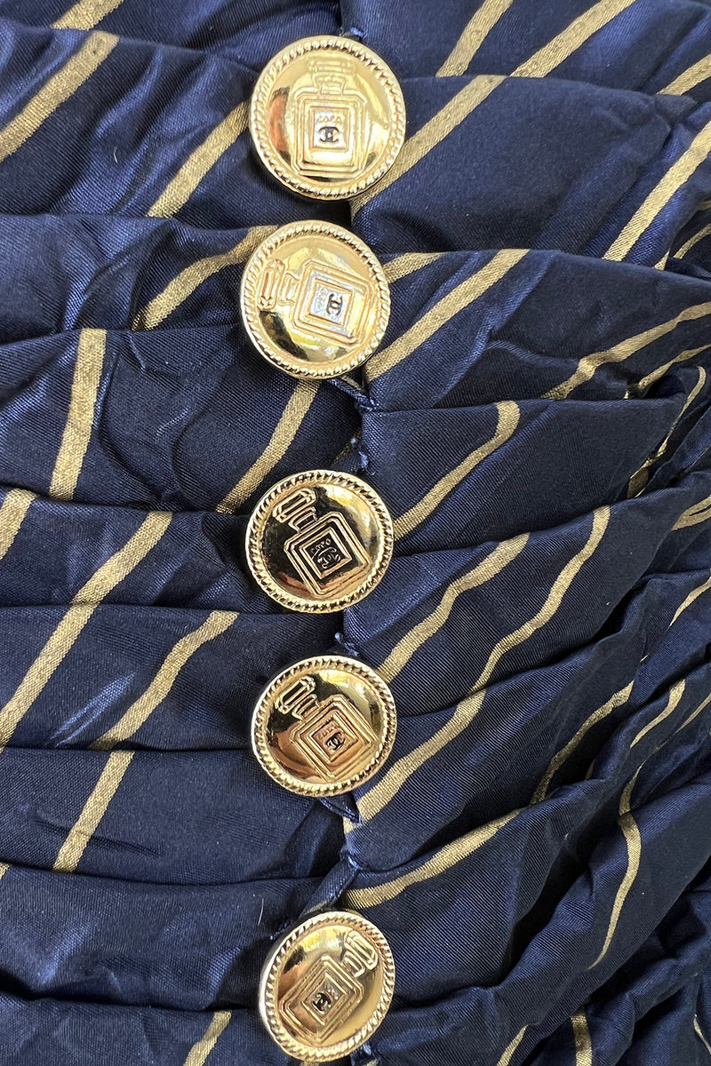 Very Rare Fall 1986 Chanel by Karl Lagerfeld Blue & Gold Strapless w Removable Sleeves