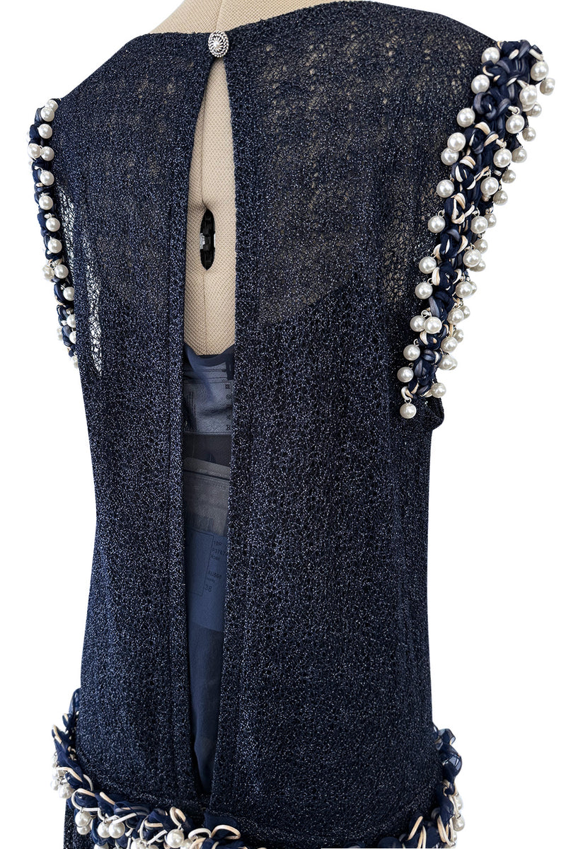 Phenomenal Fall 2010 Chanel by Karl Lagerfeld Deep Blue & Silver Metallic Knit Dress w Glass Pearl Detailing