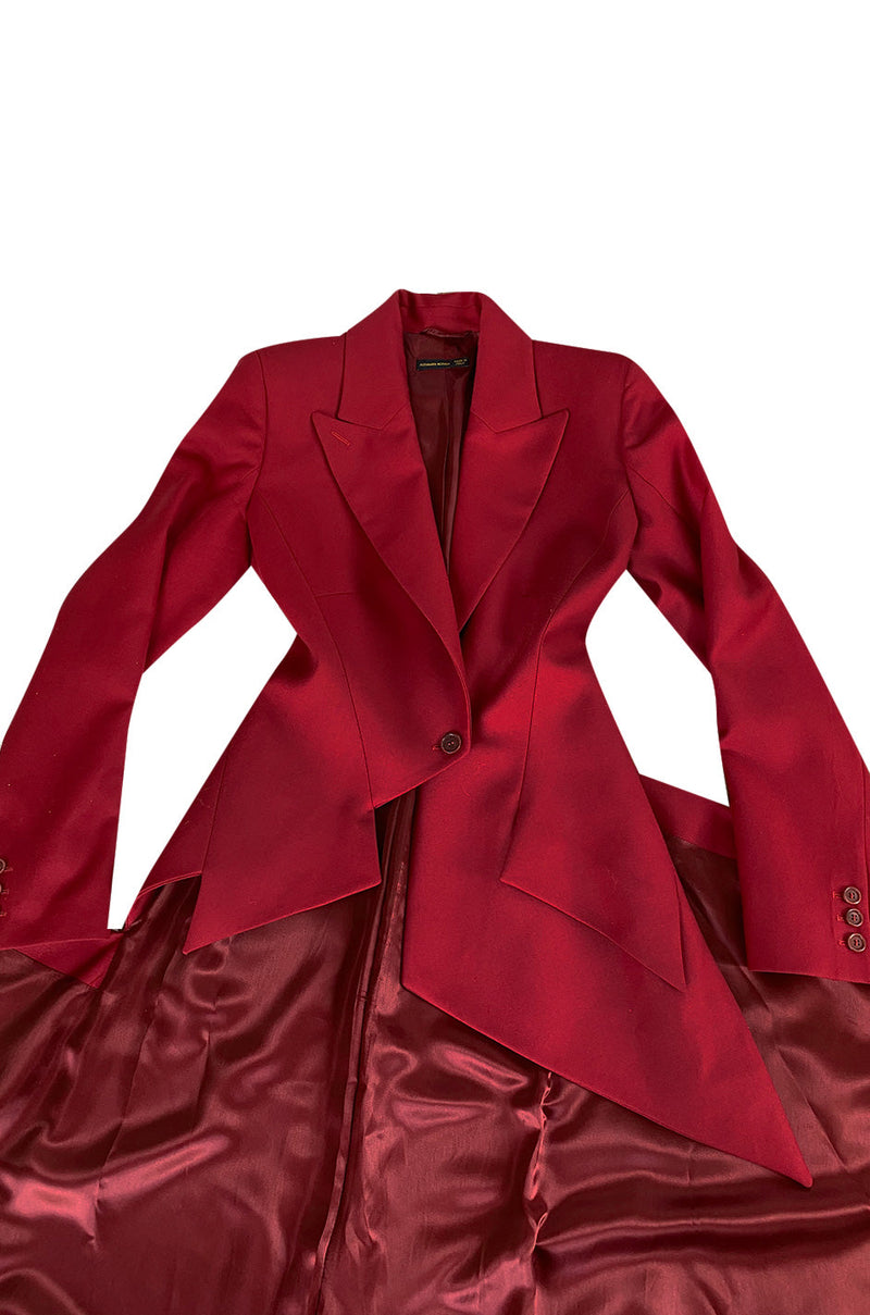 Important Fall 1999 Alexander McQueen 'The Overlook' Immaculately Tailored Deep Red Fantail Coat