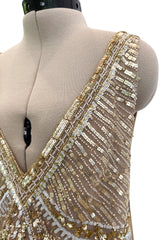 Prettiest 2000s Valentino Roma Metallic Gold Sequin & Bead Silk Chiffon on Netting Top and Skirt Set