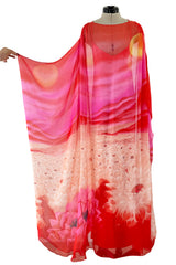 Incredible Spring 1978 Hanae Mori Brilliant Pink & Coral Sunset & Floral Caftan Dress & Cape Overlay