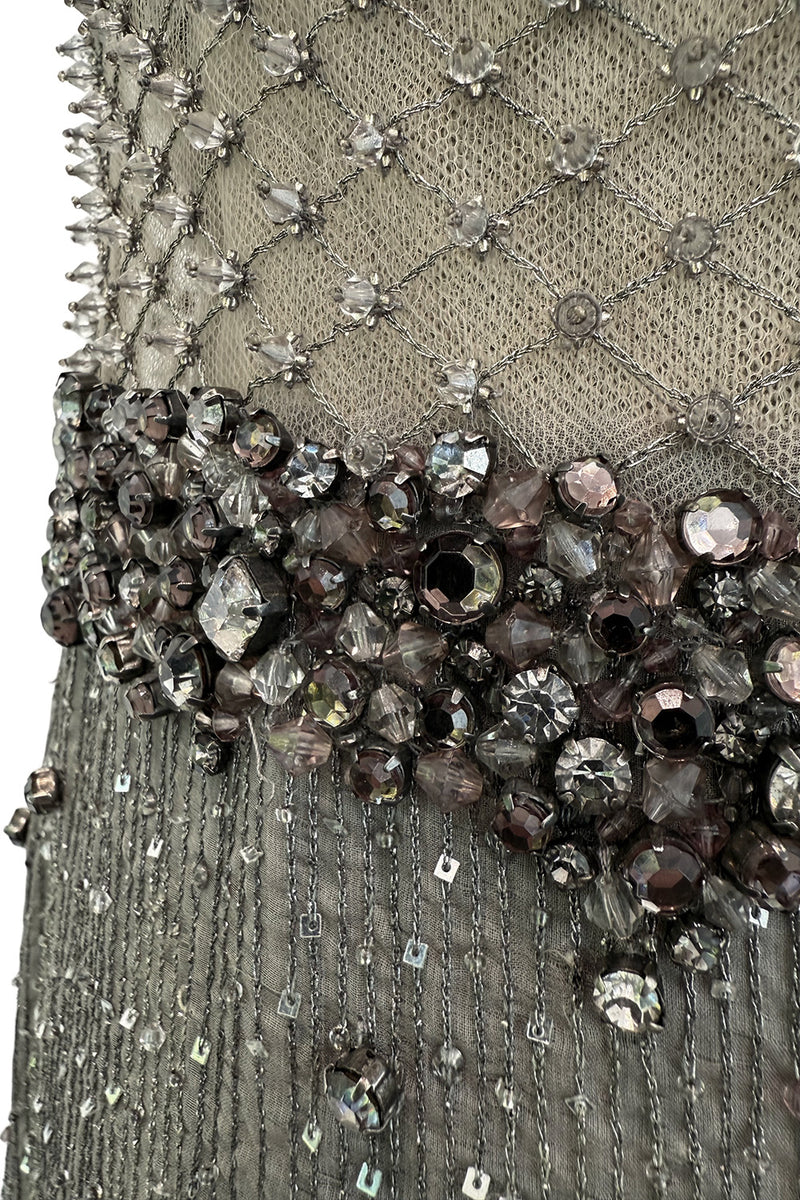 2010s Valentino by Pierpaolo Piccioli & Maria Grazia Chiuri Sequin & Rhinestone Embellished Deep Silver Silk Dress