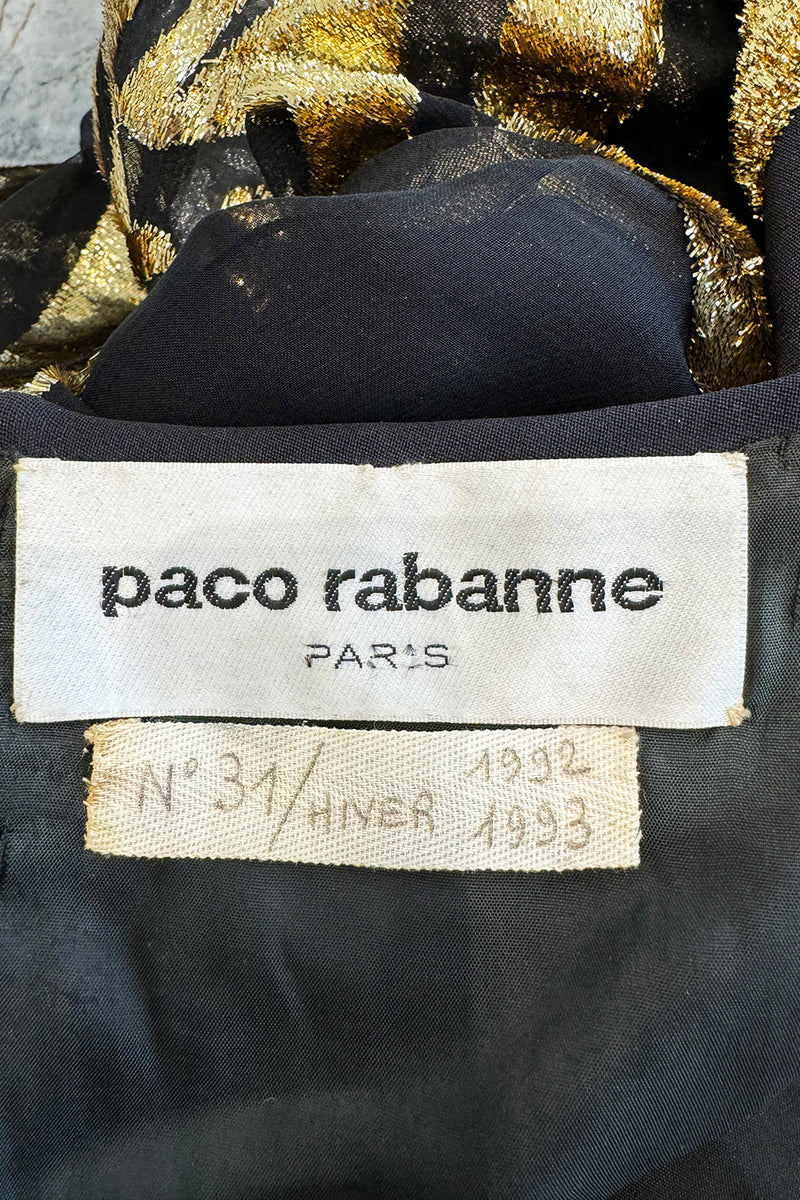 Extraordinary Fall 1992 Paco Rabanne Haute Couture Runway Sample Look 31 Metallic Gold & Black Silk Caftan Dress