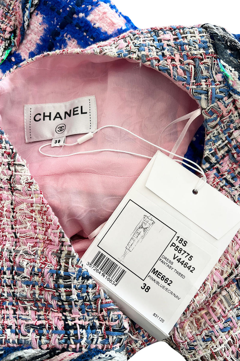 Incredible Spring 2018 Chanel by Karl Lagerfeld Runway Look 8 Pink & Blue Metallic Boucle Dress