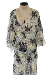 Dreamy 1920s Unlabeled Feather Light Floral Print Silk Chiffon Dress w Jacket