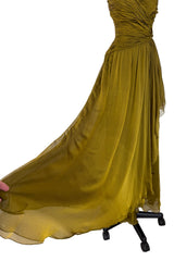 Fall 1989 Oscar de la Renta Iridescent Green Gold Silk Chiffon Strapless Dress w Matching Cape