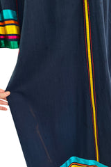 Colourful 1960s Josefa Deep Blue Cotton Caftan Dress w Multi Coloured Ribbns & Hand Embroidery