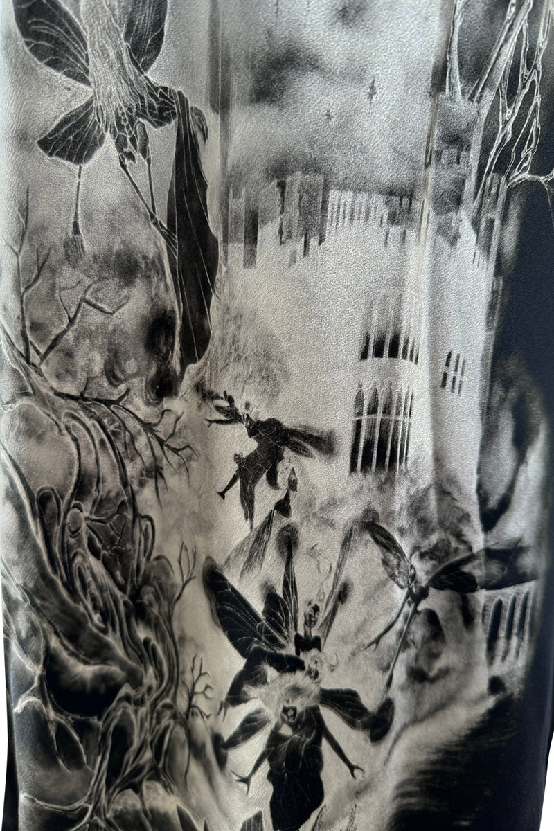 Iconic 2007 Alexander McQueen Fairy / Skeleton Castle Print Silk Bias Cut