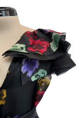 Spring 1981 Unlabeled Christian Dior Floral Print Silk Organza Dress w Ruffled Shoulders
