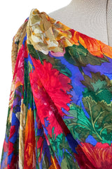 Exquisite Fall 1997 Yves Saint Laurent Brilliant Multi Floral Printed Silk Chiffon Bias Cut & Draped One Shoulder Dress