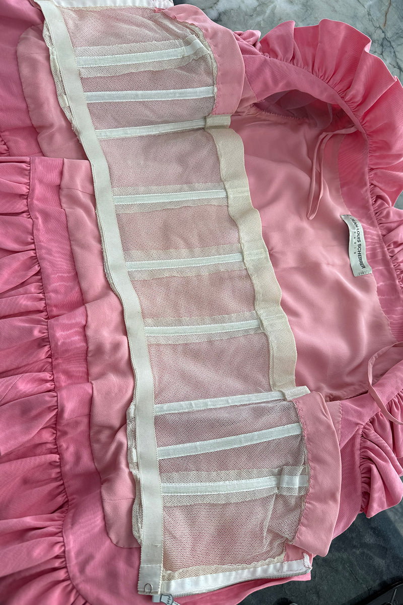 Phenomenal Spring 1988 Jean Louis Scherrer Haute Couture Pink Ruffle Suit w Balloon Sleeves