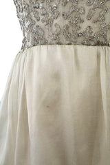 Exceptional 1959 Balenciaga Haute Couture Strapless Ivory Silk Chiffon w Metallic Embroidery