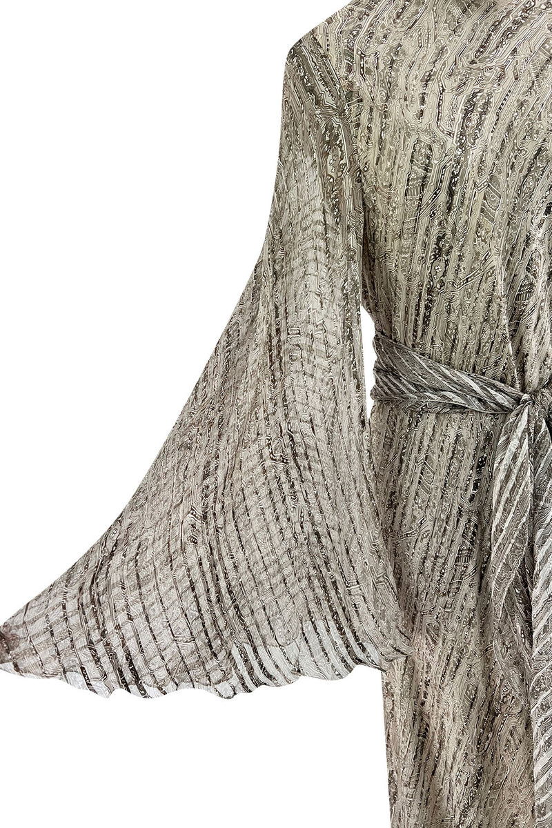 Exceptional 1970s George Stavropoulos Couture Bias Cut Grey Ribbon Silk Chiffon Dress w Sash