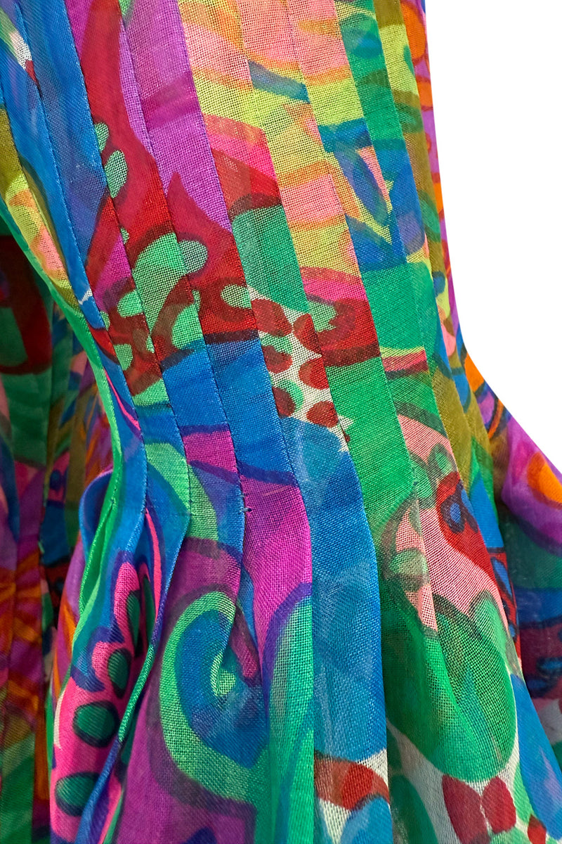 Important 1971 Pierre Cardin Couture Silk Organza Bell Sleeve Dress w Flat Pleated Bodice & Sleeves