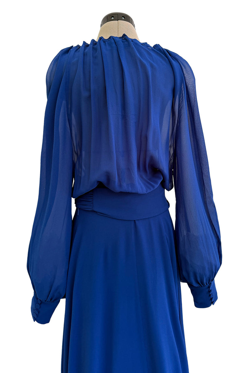 Superb Spring 2013 Yves Saint Laurent Hedi Slimane Debut Runway Blue Dress Silk Chiffon w Matching Cape & Sash